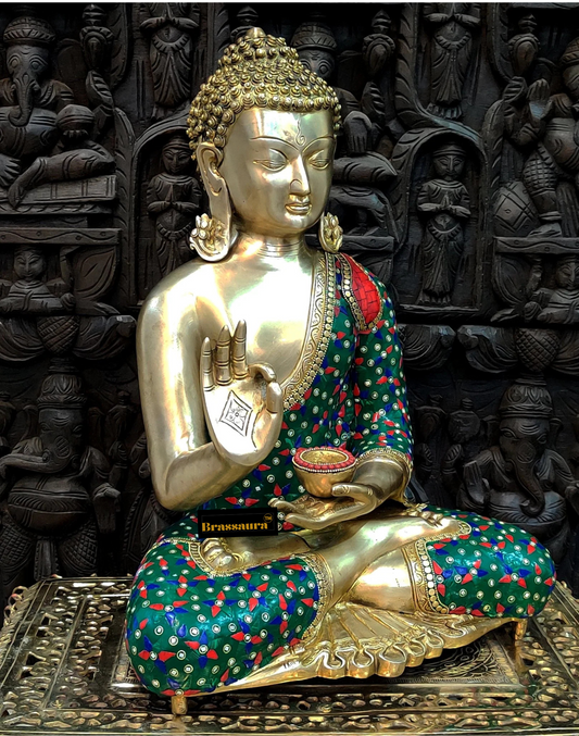 Brassaura™ Pure Brass Blessing Buddha Statue with Medicine Bowl – Height 20 Inches, Weight 20 Kgs