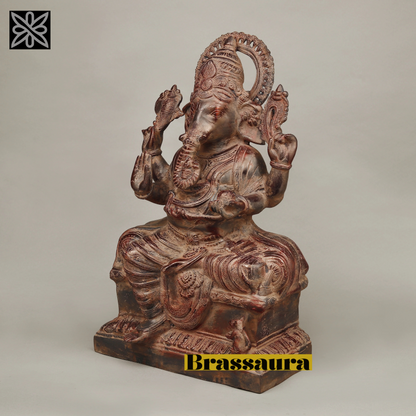 Brassaura™ Brass Ganesh Seated in Blessing Posture – Rustic Copper Finish – Height 22.5 Inches, Weight 22.85 Kgs