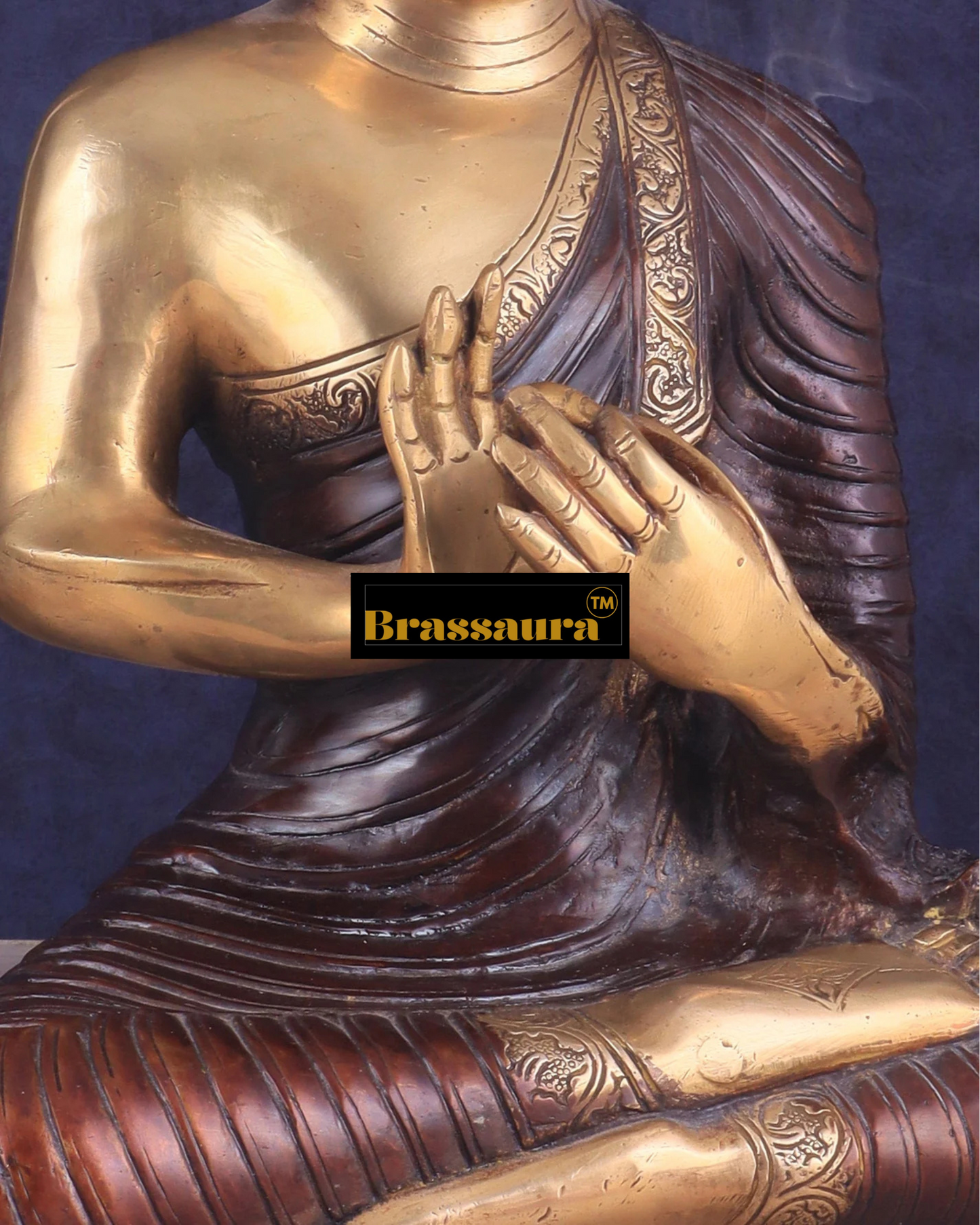 Brassaura™ Pure Brass Buddha Statue in Dharma Chakra Mudra – Height 14 Inches, Weight 7 Kgs