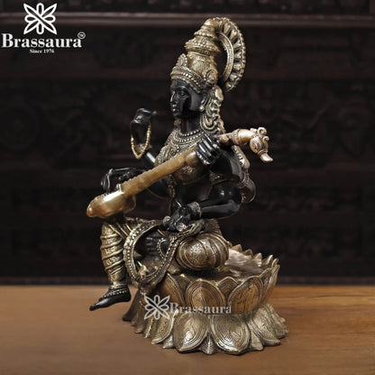 Brassaura™ Brass Saraswati Idol – Height 27 Inches & Weight 36.64 Kgs | Hindu Goddess Statue