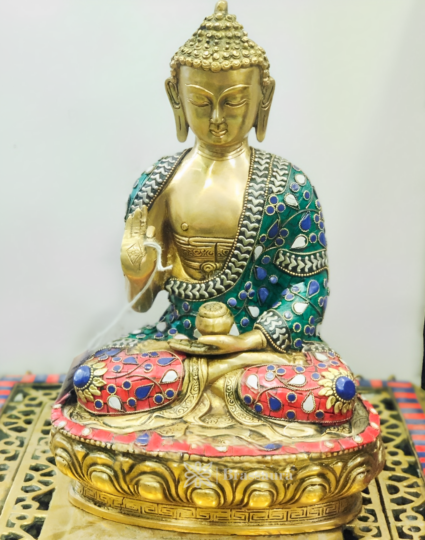 Brassaura™ Fine Brass Buddha Statue in Bhoomisparsha Mudra – Height 10 Inches | Weight 3.8 Kgs | Natural Stones