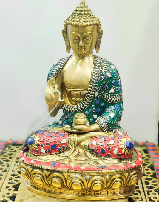 Brassaura™ Fine Brass Buddha Statue in Bhoomisparsha Mudra – Height 10 Inches | Weight 3.8 Kgs | Natural Stones