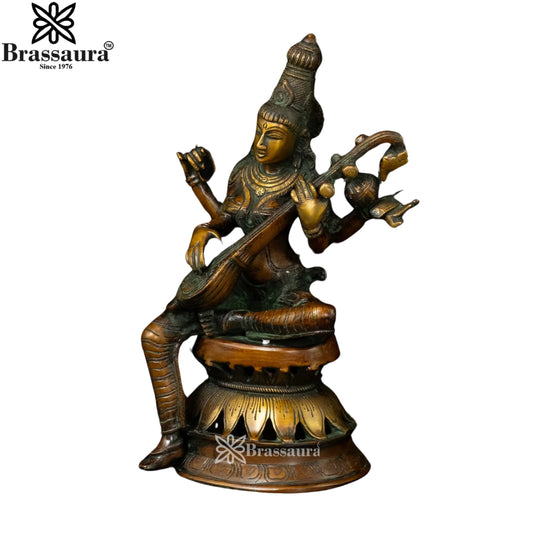 Brassaura™ Brass Saraswati Figurine – Height 12.2 Inches & Weight 4.59 Kgs | Artistic Goddess Statue