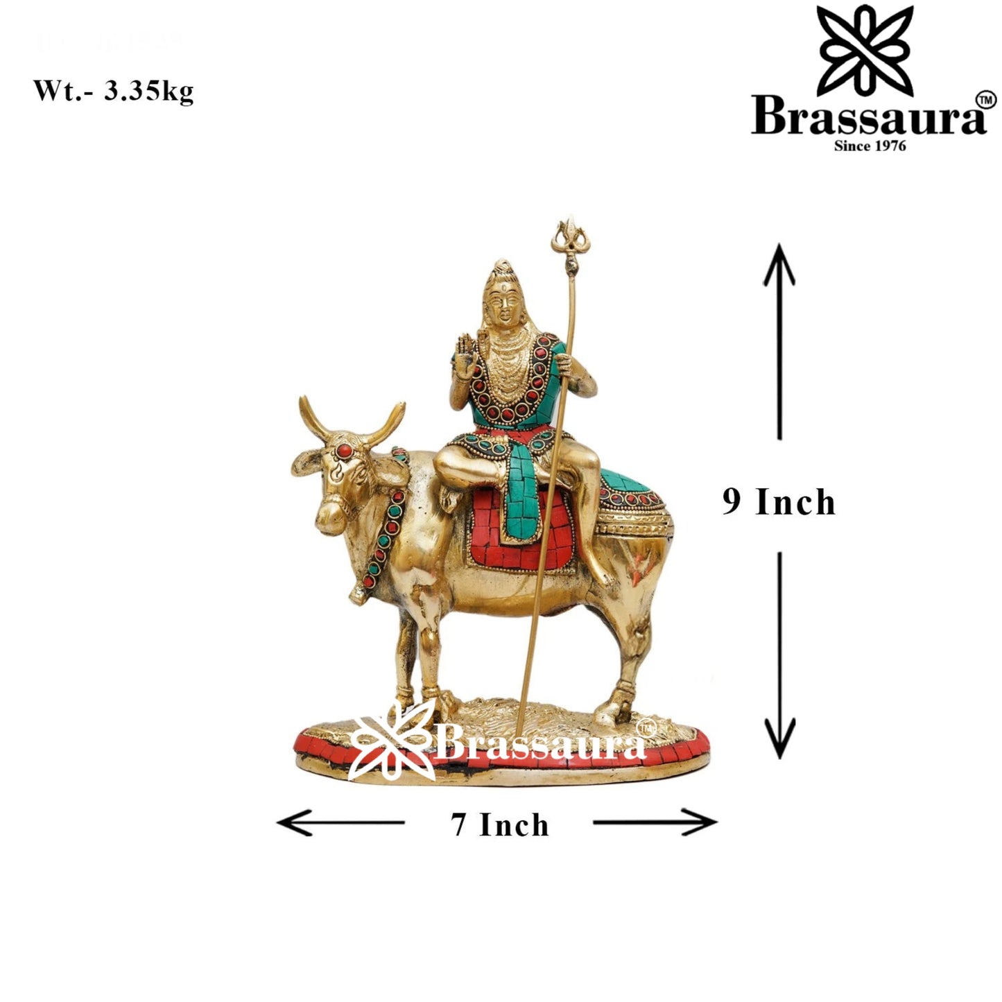 Brassaura™ Brass Gem Stone Work Shiva Sitting on Nandi , Height 9 Inches & Weight 3.4 Kgs