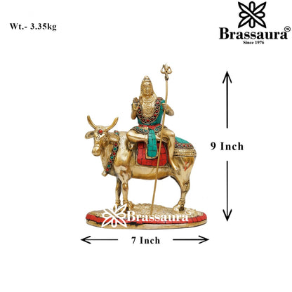 Brassaura™ Brass Gem Stone Work Shiva Sitting on Nandi , Height 9 Inches & Weight 3.4 Kgs