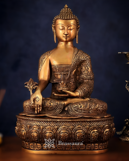 Brassaura™ Pure Brass Buddha Idol with Robe Carvings – Height 22 Inches, Weight 18 Kgs