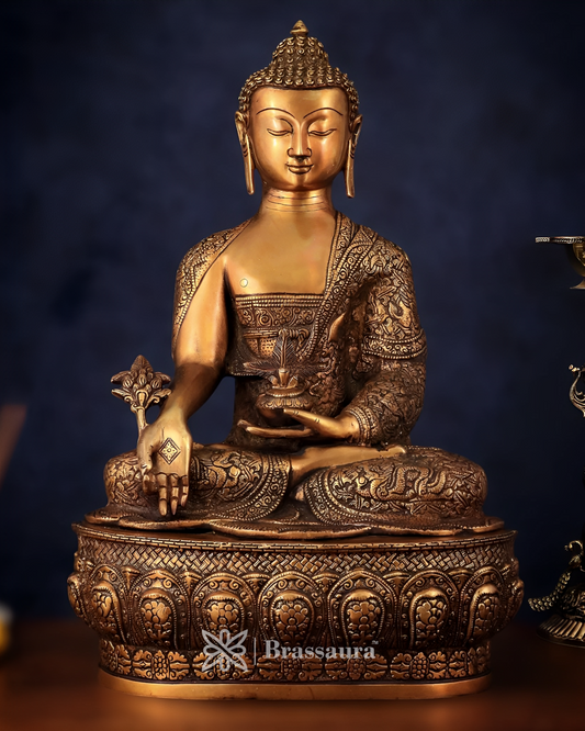 Brassaura™ Pure Brass Buddha Idol with Robe Carvings – Height 22 Inches, Weight 18 Kgs