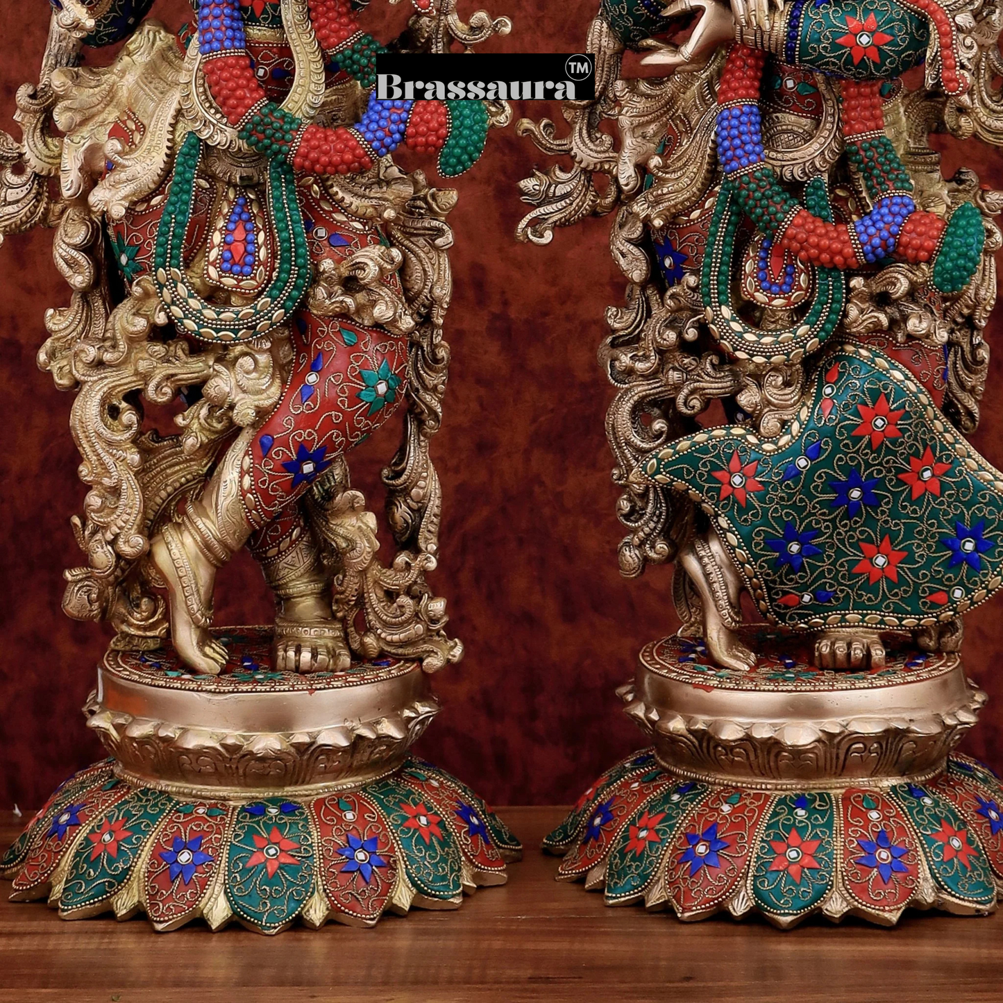 Brassaura™ Pure Brass Radha Krishna Statue with Triple-Layered Meenakari – Height 27 Inches & Weight 40 Kgs | Majestic Devotional Idol