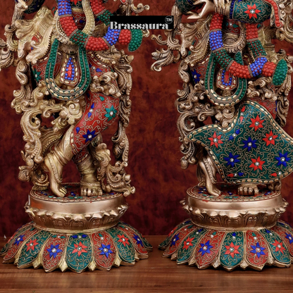 Brassaura™ Pure Brass Radha Krishna Statue with Triple-Layered Meenakari – Height 27 Inches & Weight 40 Kgs | Majestic Devotional Idol
