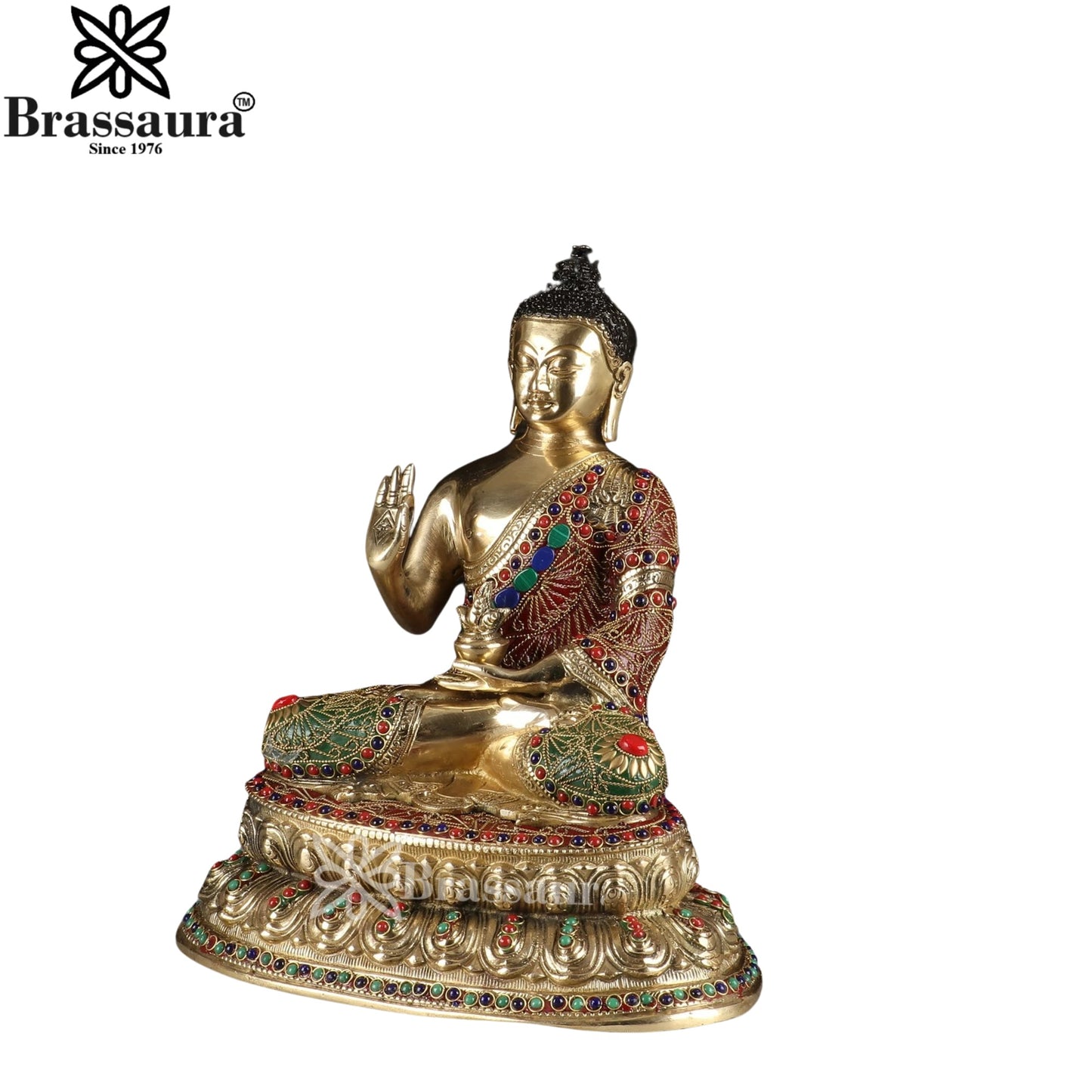 Brass Blessing Gem Stone Work Buddha Weight 7.3 kg & Height 15 Inch