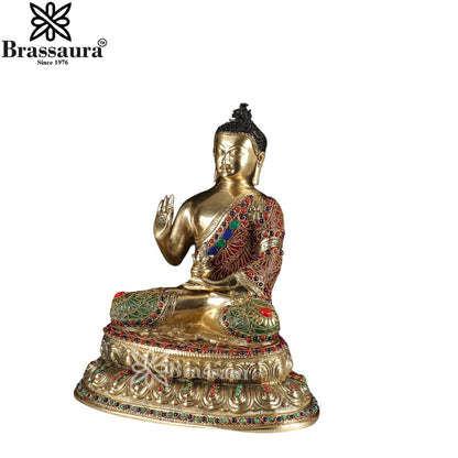 Brass Blessing Gem Stone Work Buddha Weight 7.3 kg & Height 15 Inch