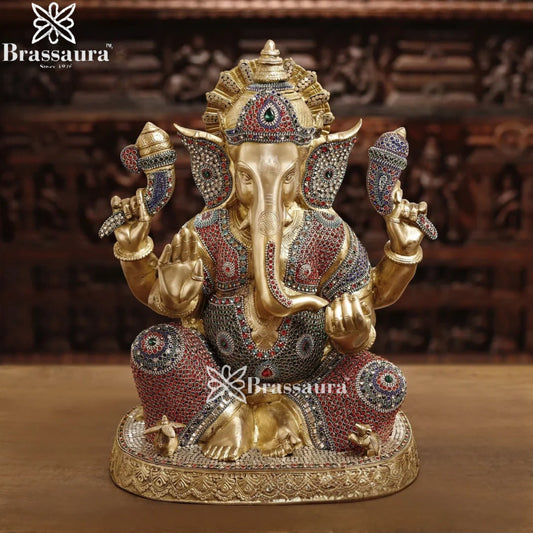Brass Gem Stone Work Ganesha Weight 26.7 Kg & Height 22 Inch