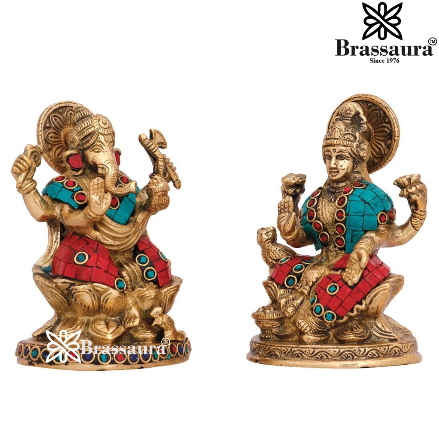 Brass Gem Stone Work Lakshmi Ganesh Weight 2 kg & Height 5 Inch