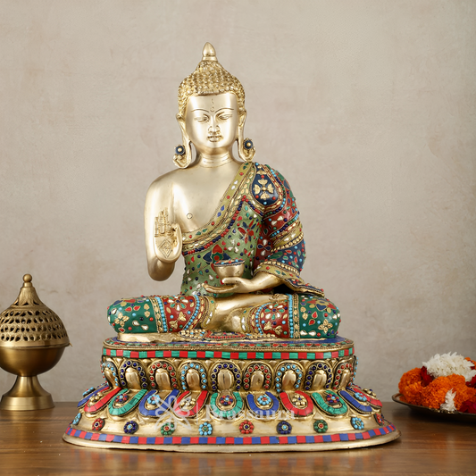 Brassaura™ Pure Brass Blessing Buddha Idol with Mosaic Floral Stonework – Height 20 Inches, Weight 19 Kgs