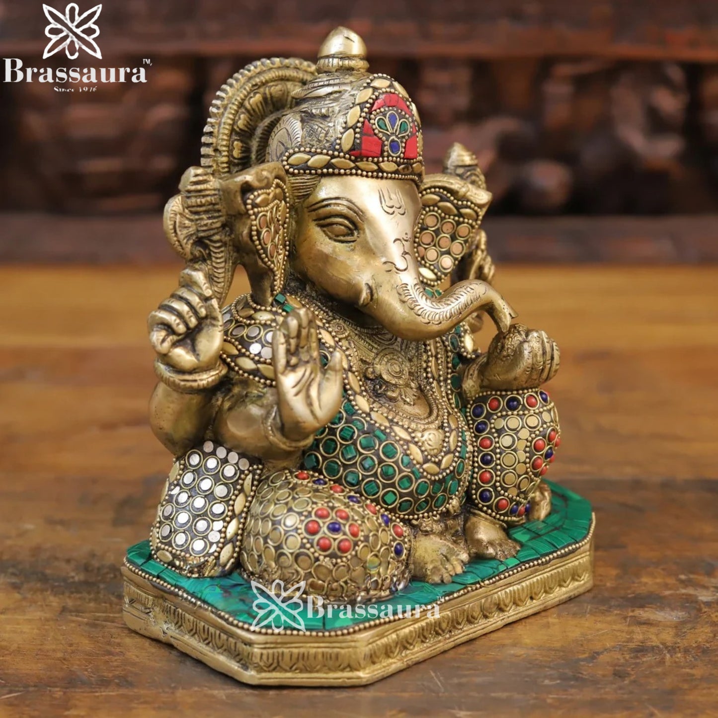 Brass Gem Stone Work Ganesha Weight 3.88 Kg & Height 7.5 Inch