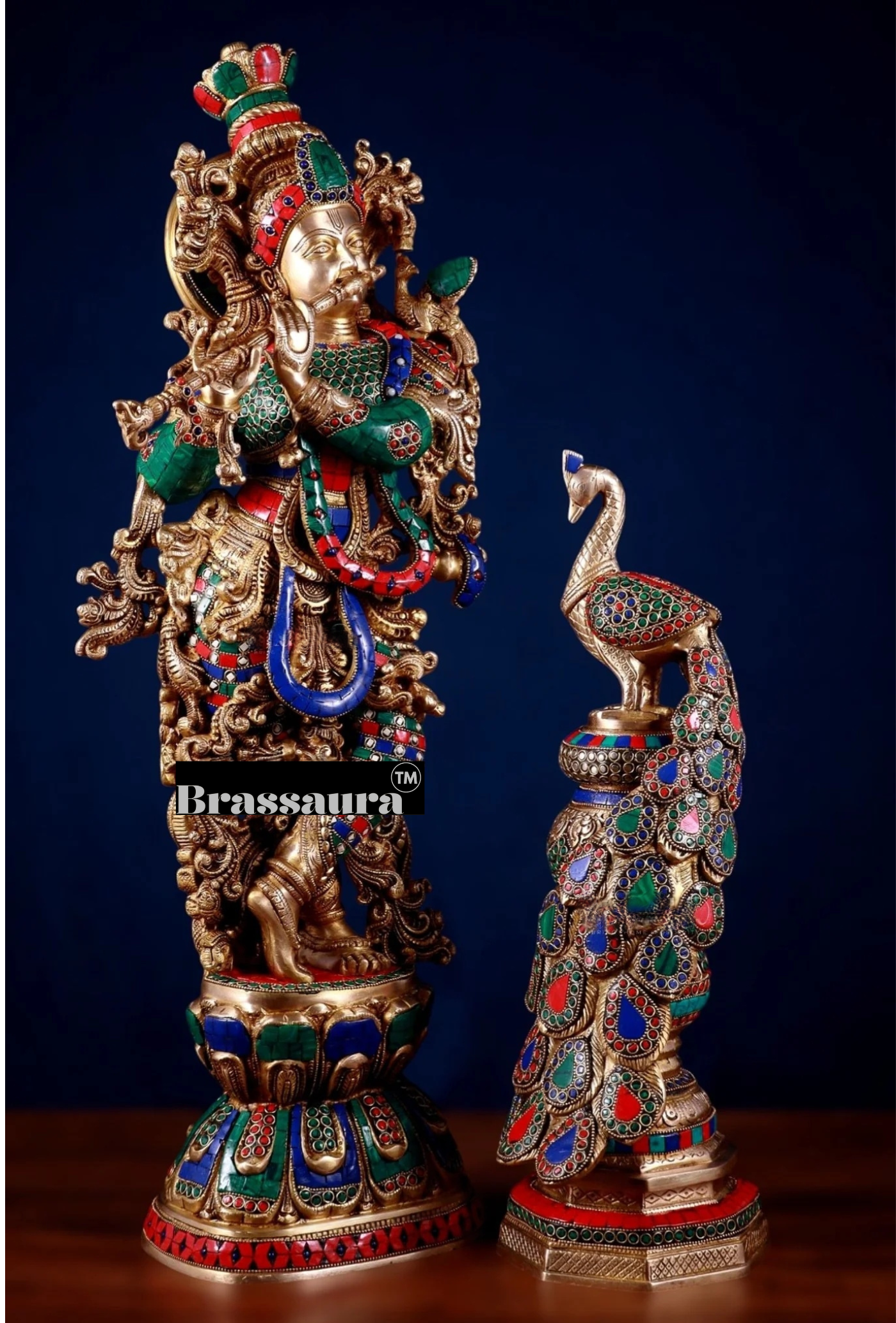 Brassaura™ Krishna Flute Statue (29" | 19 Kgs) & Large Peacock Showpiece (20" | 8.5 Kgs) Set