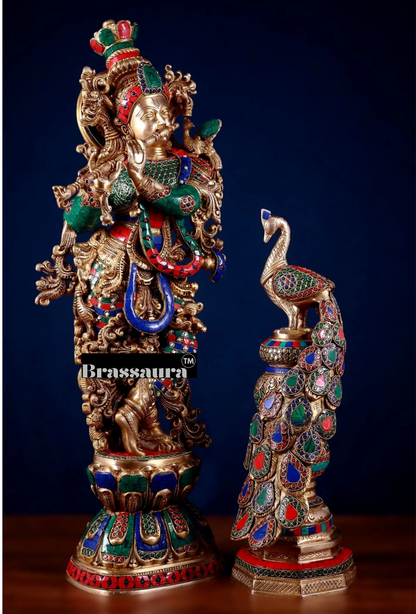 Brassaura™ Krishna Flute Statue (29" | 19 Kgs) & Large Peacock Showpiece (20" | 8.5 Kgs) Set