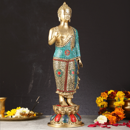 Brassaura™ Brass Standing Buddha Statue with Meenakari Stonework – Height 21.5 Inches, Weight 7.4 Kgs