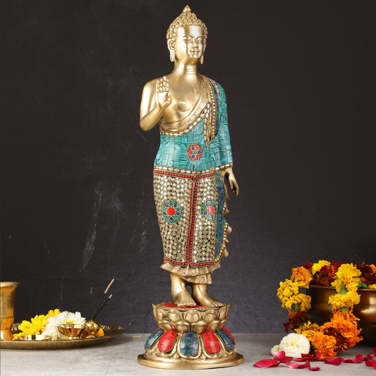 Brassaura™ Brass Standing Buddha Statue with Meenakari Stonework – Height 21.5 Inches, Weight 7.4 Kgs
