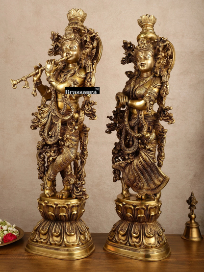 Brassaura™ Pure Brass Superfine Radha Krishna Statue – 30 Inch Height, 33 Kg Pair | Elegant Spiritual Home Decor