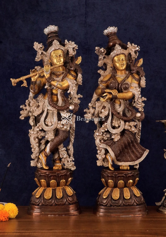 Brassaura™ Antique Brass Radha Krishna Statue – Height 30 Inches & Weight 33 Kgs | Handcrafted Three-Tone Finish
