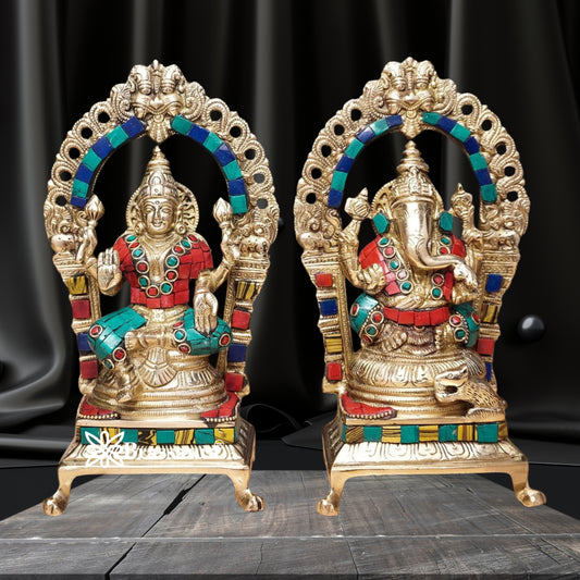 Brass Gem Stone Work Lakshmi Ganesh Weight 4 Kg & Height 8 Inch