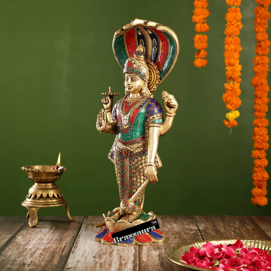 Brassaura™ Handcrafted Brass Lord Vishnu Statue | 17 Inch Height | 7 KG Weight | Intricate Detailing