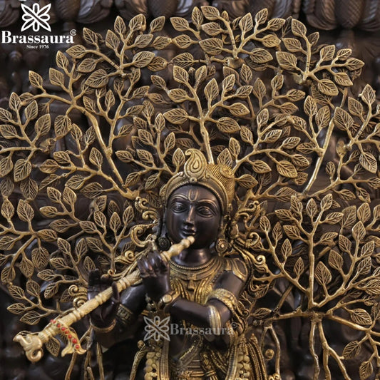 Brassaura® Lord Krishna Playing Flute under Tree Idol with Golden & Black Patina Finish | Pure Superfine Brass Handcrafted Murti | Brass Statue for Home Temple, Pooja Room | Height 32 Inches | Weight 20.64 Kgs