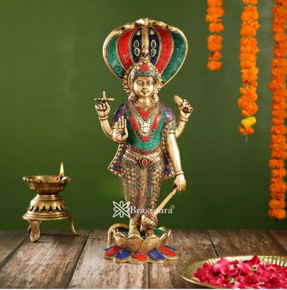 Brassaura™ Handcrafted Brass Lord Vishnu Statue | 17 Inch Height | 7 KG Weight | Intricate Detailing
