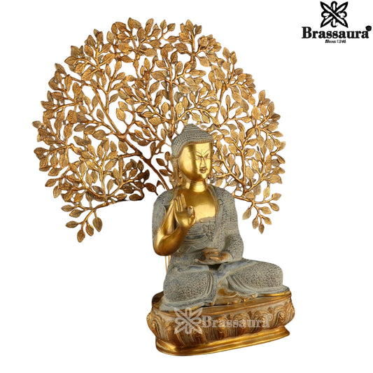 Brassaura™ Brass Buddha With Tree – Height 25 Inches & Weight 19.5 Kgs | Symbol of Enlightenment & Peace for Home Décor