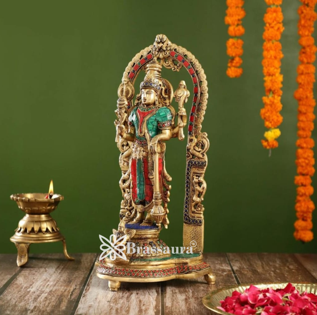 Brassaura™ Superfine Brass Lord Vishnu Statue with Garuda | Intricate Stonework | 16 Inch Height | 6 KG Weight | Handcrafted Masterpiece