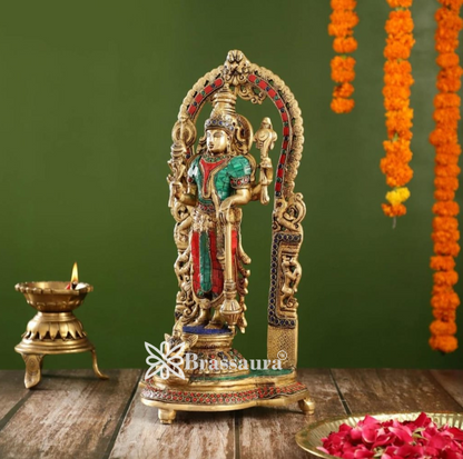 Brassaura™ Superfine Brass Lord Vishnu Statue with Garuda | Intricate Stonework | 16 Inch Height | 6 KG Weight | Handcrafted Masterpiece