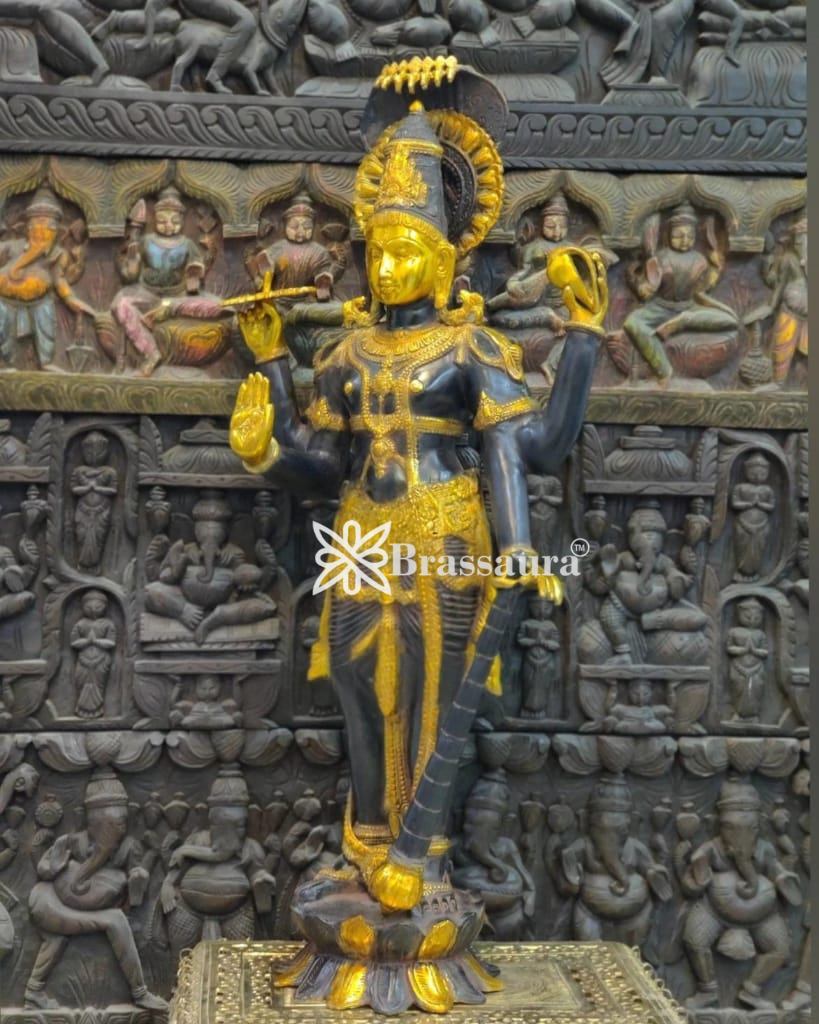 Brassaura™ Handcrafted Brass Lord Vishnu Idol with Sheshanaag | 40 Inch Height | 30 KG Weight | Ink Blue & Yellow Gold Finish