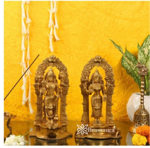 Brassaura™ Handcrafted Pure Brass Lord Vishnu with Garuda & Goddess Lakshmi with Elephants | 9 Inches Height | 4 KG (Pair) | Finely Detailed with Prabhavalis