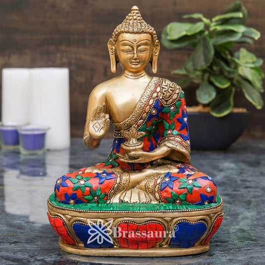 Brass Blessing Gem Stone Work Buddha Weight 3.5 kg & Height 9 Inch