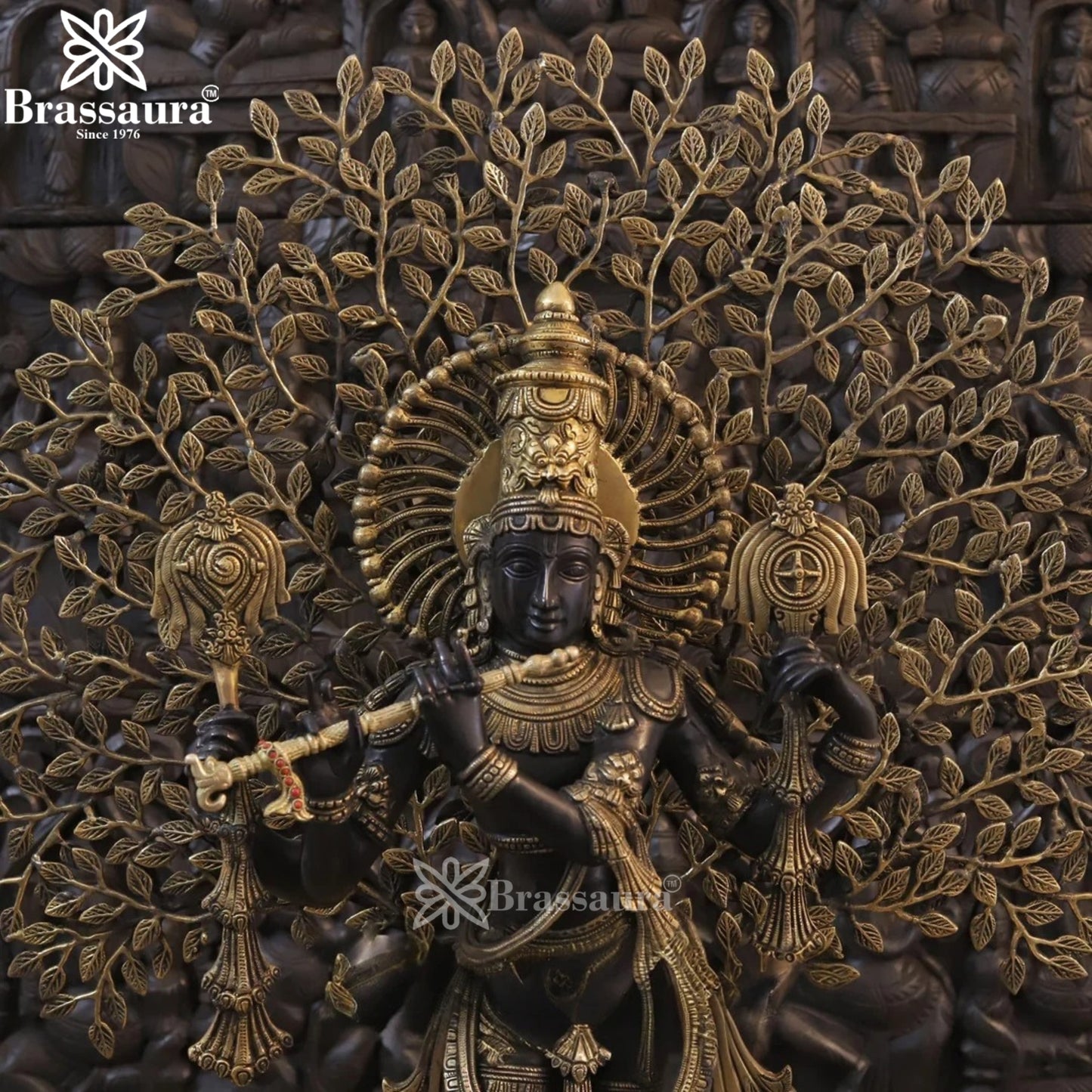 Brassaura® Lord Krishna Under Sacred Tree Playing Flute Idol | Pure Brass Handcrafted Antique Black & Golden Finish Murti for Home Temple & Luxury Décor | Height 37.5 Inches | Weight 34.76 Kgs