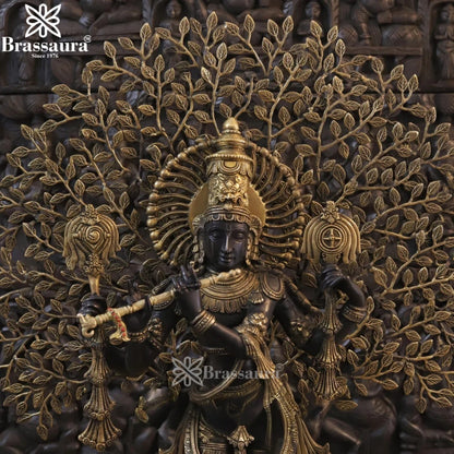 Brassaura® Lord Krishna Under Sacred Tree Playing Flute Idol | Pure Brass Handcrafted Antique Black & Golden Finish Murti for Home Temple & Luxury Décor | Height 37.5 Inches | Weight 34.76 Kgs