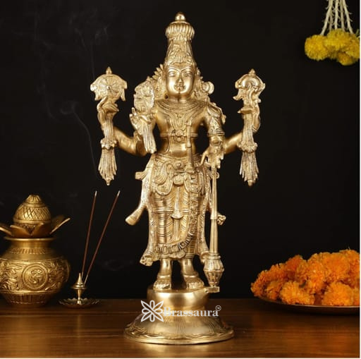 Brassaura™ Handcrafted Brass Lord Vishnu Statue with Four Arms | 20 Inch Height | 12 KG Weight | Golden Finish