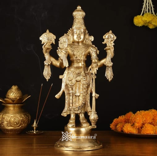 Brassaura™ Brass Standing Vishnu Idol – Height 20 Inches & Weight 12 Kgs | Meditation & Spiritual Accent