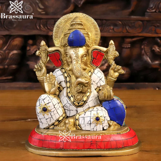 Brass Gem Stone Work Ganesha Weight 2.7 Kg & Height 7 Inch