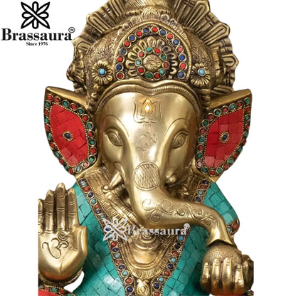 Brass Gem Stone Work Ganesha Statue Weight 13.8 Kg And Height 15.5 Inch