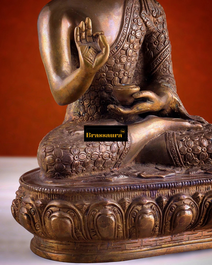 Brassaura™ Pure Brass Antique Buddha Blessing Statue – Height 13.5 Inches, Weight 6.8 Kgs