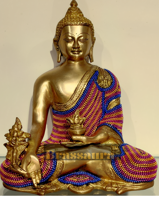 Brassaura™ Brass Premium Gem Stone Work Buddha Idol – Height 10.5 Inches & Weight 5 Kgs