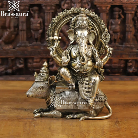 Brass Ganesha On Rat Weight 14.3 Kg & Height 16.5 Inch
