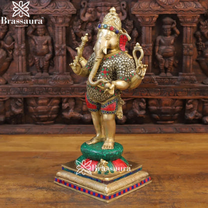 Brass Gem Stone Work Standing Ganesha Weight 11 Kg & Height 19.5 Inch