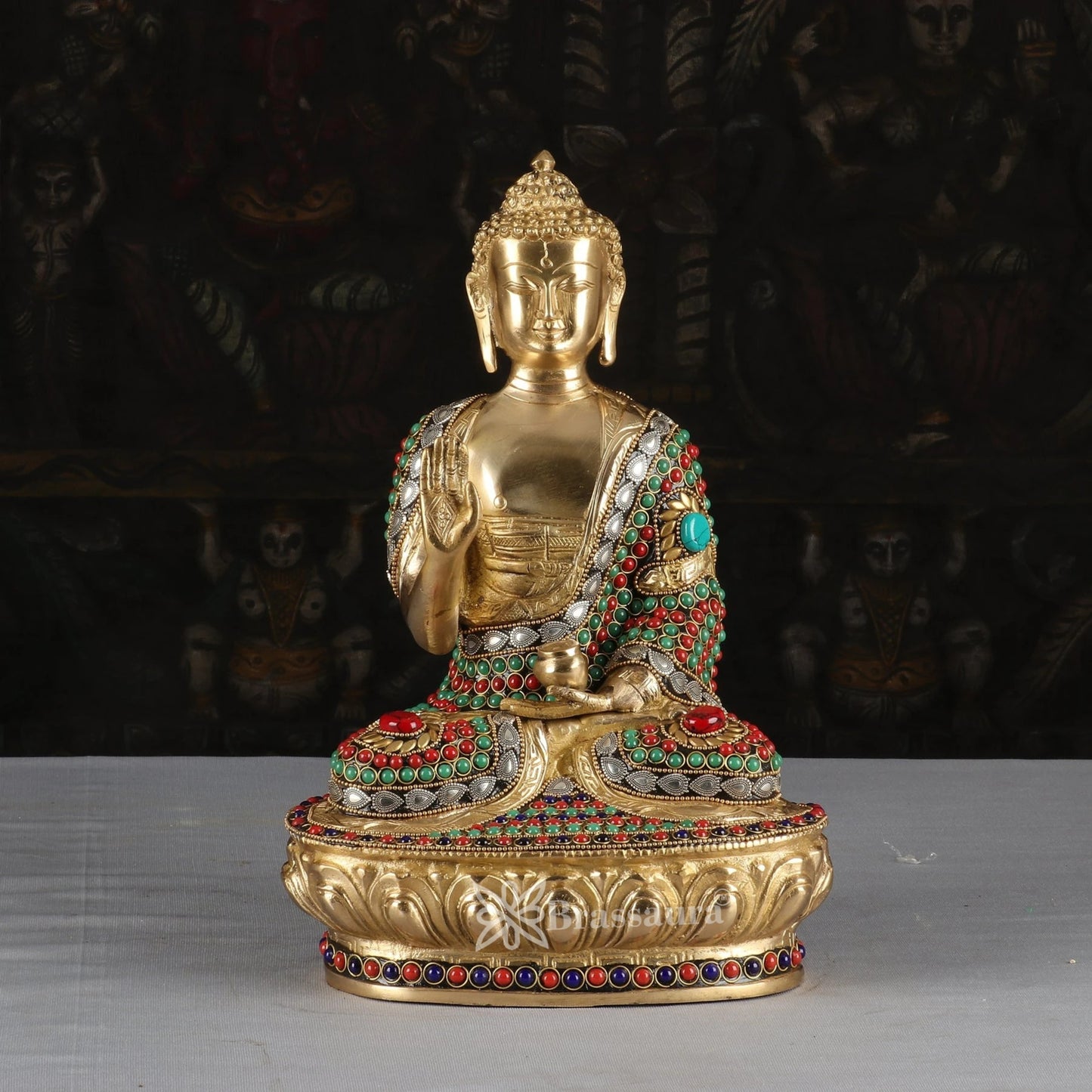 Brass Blessing Gem Stone Work Multicolored Buddha Weight 5.1 kg & Height 12 Inch