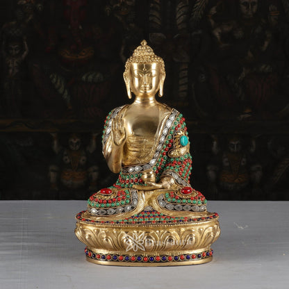 Brass Blessing Gem Stone Work Multicolored Buddha Weight 5.1 kg & Height 12 Inch
