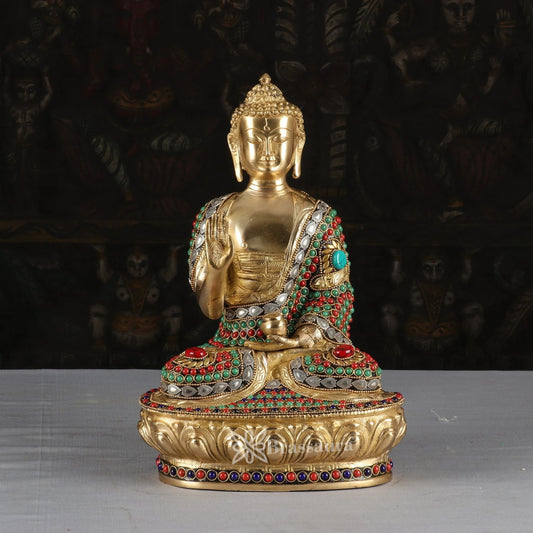Brass Blessing Gem Stone Work Multicolored Buddha Weight 5.1 kg & Height 12 Inch