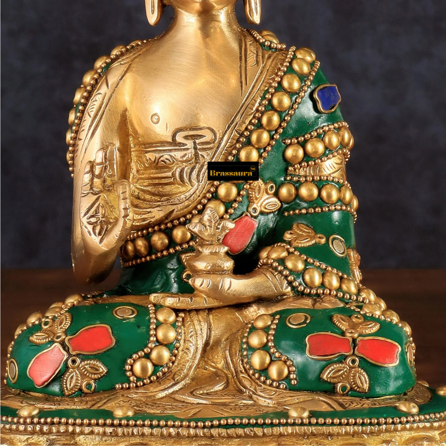 Brassaura™ Pure Brass Buddha Idol with Stonework – Height 7.5 Inches, Weight 1.7 Kgs