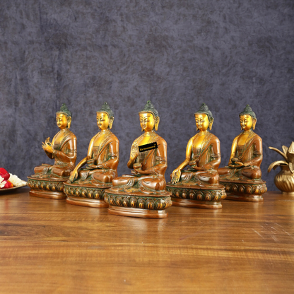 Brassaura™ Brass Set of 5 Dhyani Buddha Statues – Height 8 Inches Each, Total Weight 8.82 Kgs